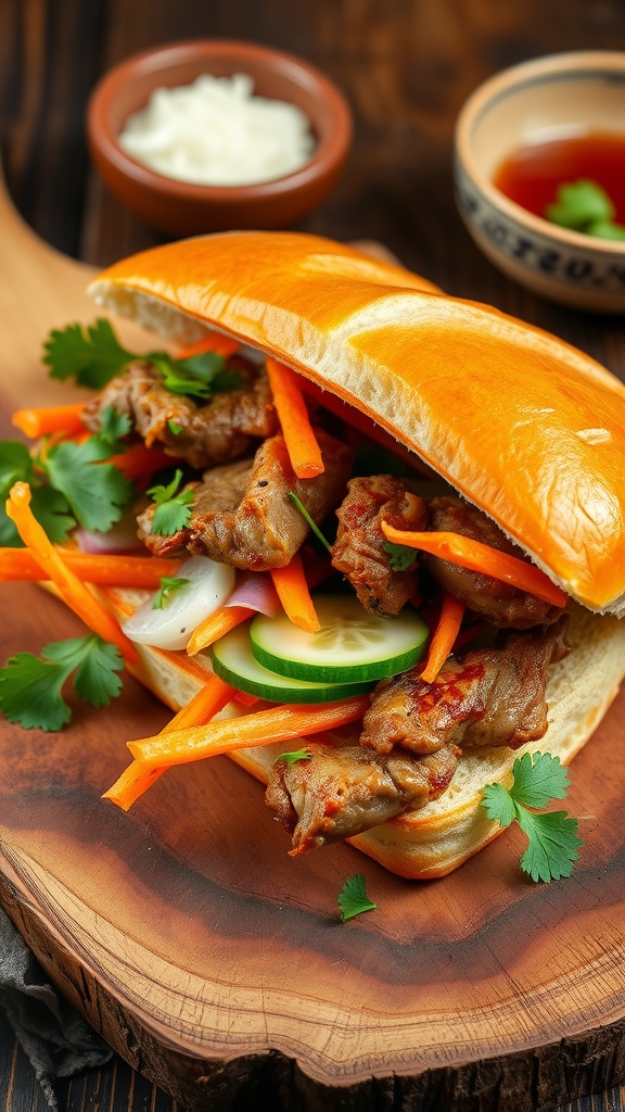 A Vietnamese grilled pork sandwich with pickled vegetables and cilantro on a wooden surface.